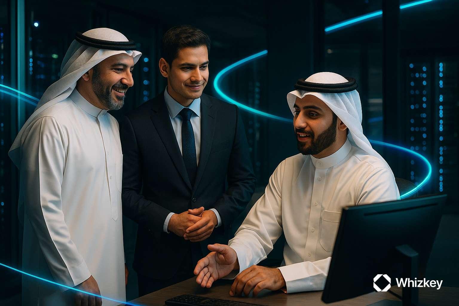 Senior manager and engineers collaborating on modernizing IT systems for digital transformation in Kuwait