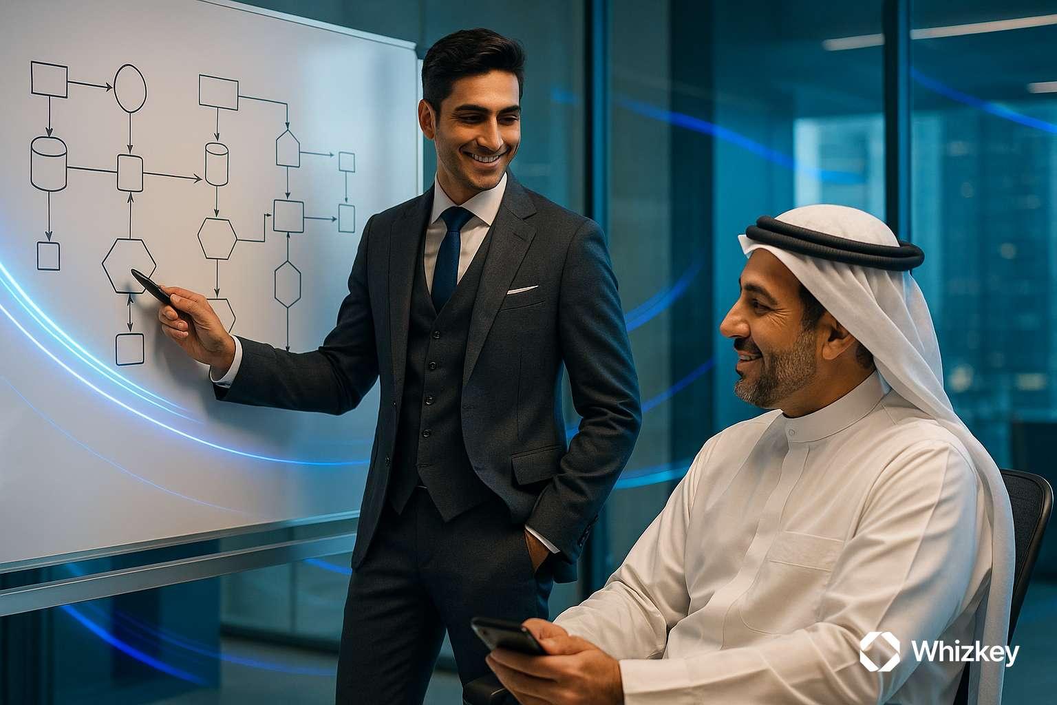 Indian executive presenting system workflows to Kuwaiti leader on explainable AI and zero-trust security
