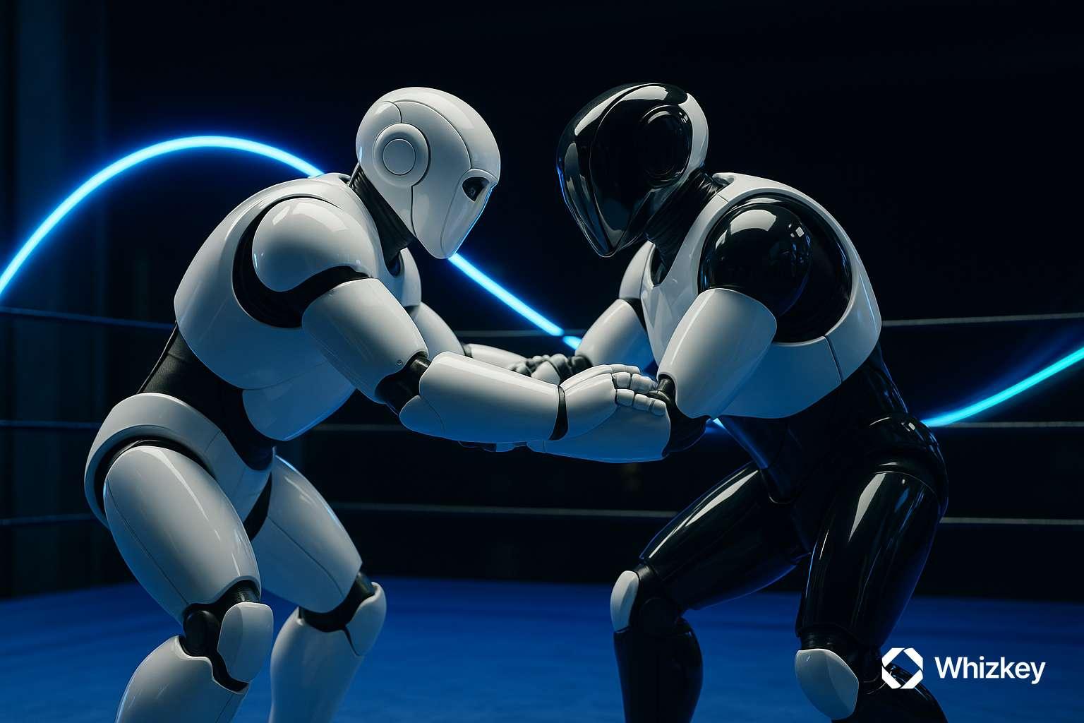 Two humanoid robots symbolizing weak and strong AI concepts in a realistic power struggle